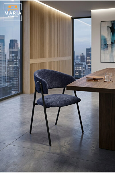 MARIA HOMES Blue Upholstered Dining Chair with Curved Backrest – Modern Accen...