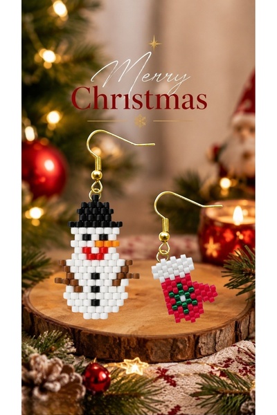 SEARD Miyuki Beads Handmade Gloves and Snowman Earrings New Year Christmas Noel