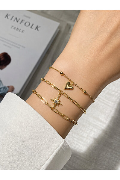 Ebravia Gold Women's Elegant 3-Piece Bracelet Set with Heart and Star Charm D...