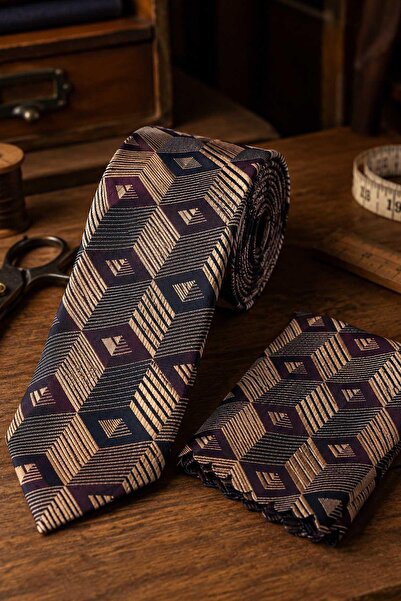 Kravatkolik Gold Brown Motif Pattern Classic Tie with Handkerchief Kk13785