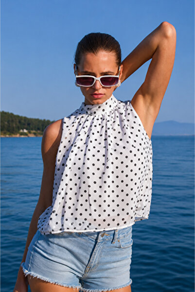 BARRELS AND OIL Ženska bluza sa halter ovratnikom i točkastim uzorkom - ekru
