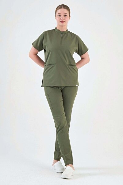 Owlet Medikal Costum chirurgical verde militar cu fermoar din Lycra