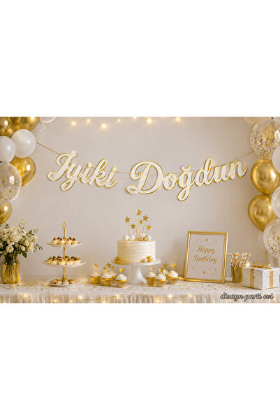 Dizayn Parti Evi İyi ki Doğdun Yazısı Gold Gümüş Varaklı Pembe Mavi Beyaz Siy...