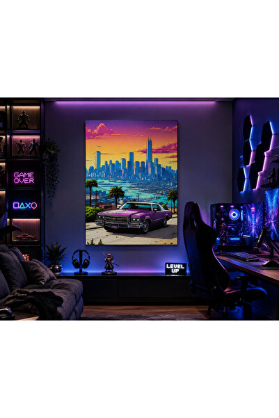 EvimeTablo Retro Klasik Araba ve Şehir Manzarası Kanvas Tablo – Vaporwave Gün...