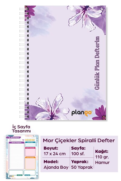 Plango Mor Çiçekler Spiralli Günlük Planlama Defteri - 100 Sayfa - 17x24 Plan...