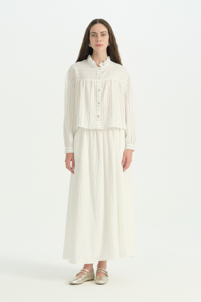 Nihan Viscose Suit with Striped Shirt and Skirt - White