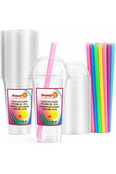 Sunny Your Bright choice Sunny Clear Plastic Cups with Dome Lids & Straws, 16...