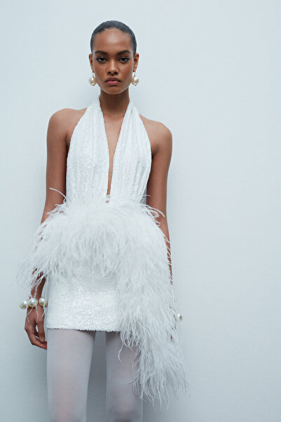 ILA THE BRAND Flora-Deep V-Neck Feather Embellished Mini Sequin Dress
