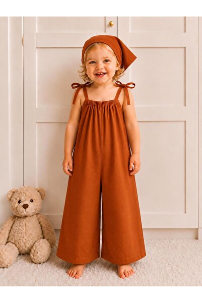 Moda Lina Baby Kız Çocuk Askılı Bol Paça Tulum ve Bandana Takımı