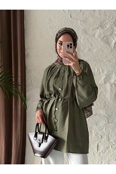 QUWİQ Women's Collar Gathered Gold Button Detailed Hijab Shirt