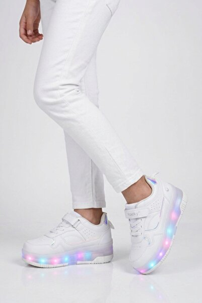 WALKWAY Beyaz Cırtlı Ortopedik Işıklı Unisex Çocuk Patenli Spor Ayakkabı Glow F