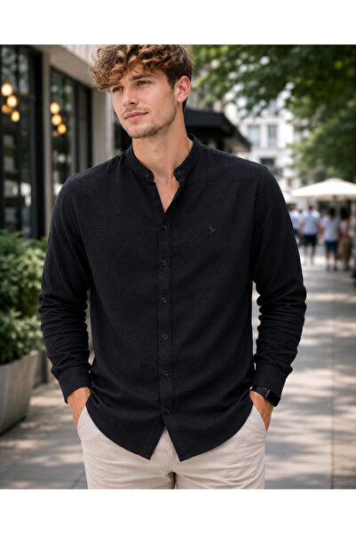 EMPEROR APPAREL Erkek Siyah Uzun Kollu Armürlü Hakim Yaka Müslin Gömlek