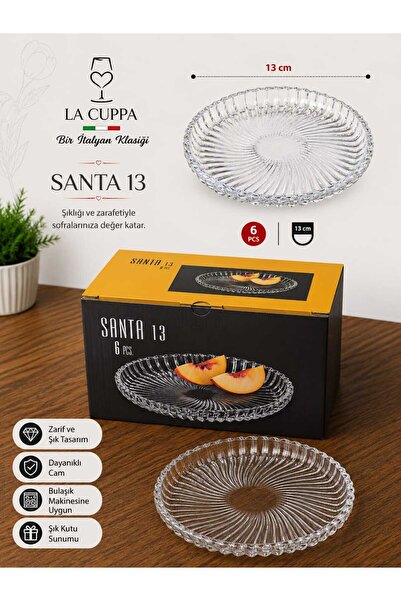 Herza House Santa 13 Optik Dalgalı 6'lı Cam Sunum ve İkram Tabağı Seti - 13 cm