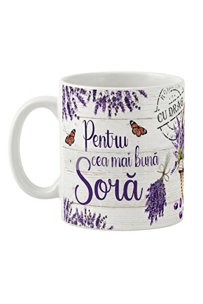 LimArt Cană ceramică personalizată, model cu lavandă și fluturi, 350 ml, "Pen...