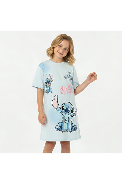 Disney Round Neck Short Sleeves Knee Length T-shirt Dress with Stitch Print