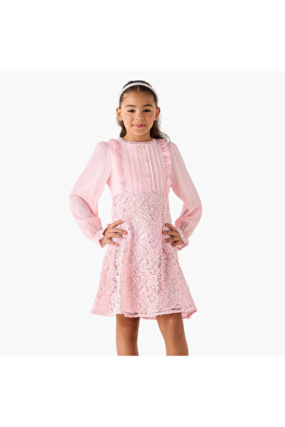 ELIGO Round Neck Long Sleeves Dress with Ruffles