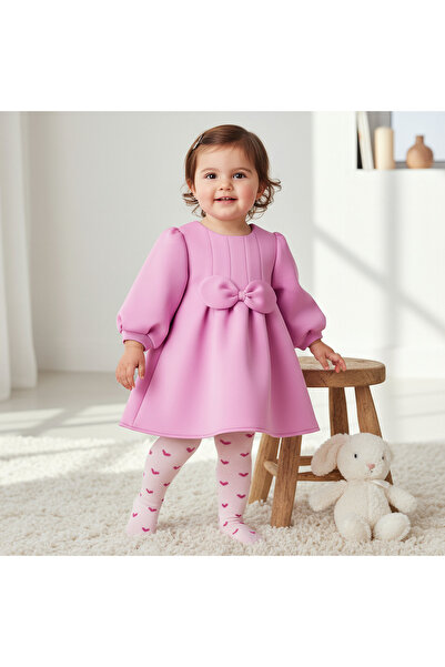 Juniors Bow Accent Dress with Long Sleeves and Stockings