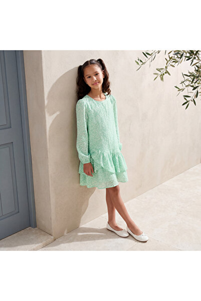 Juniors Round Neck Long Sleeves Tiered Dress with Floral Print