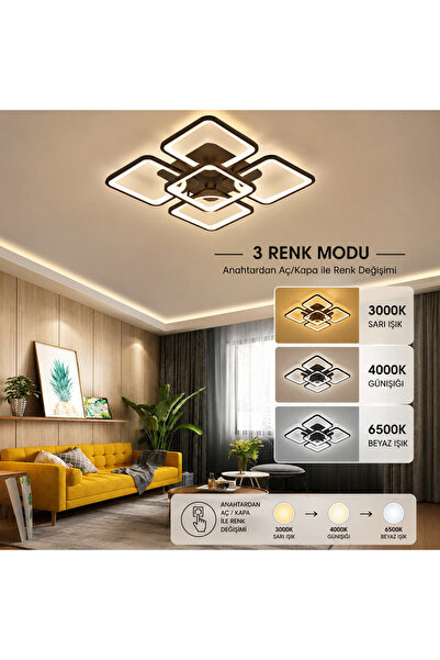 kra avize Ares Siyah 4+1 LED Avize | 3 Renk Modern Salon Avizesi