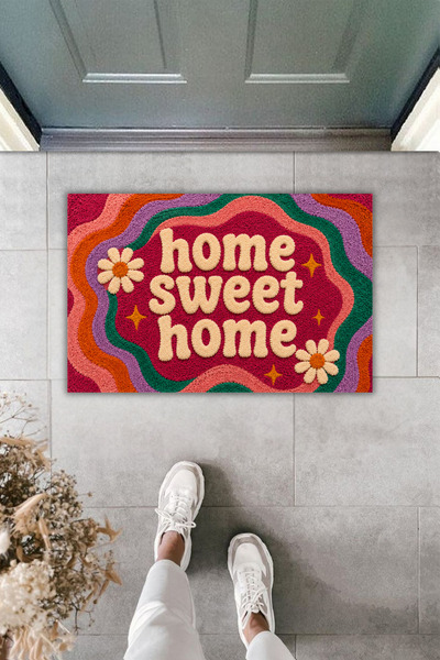 Dormot Home Home Sweet Home Renkli Retro Tasarım Dekoratif Kapı Önü Paspası 7...