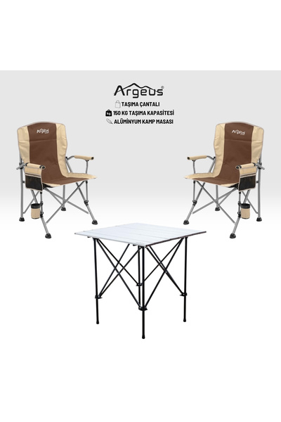 ARGEUS 2 Adet Katlanır Kamp Sandalyesi ve Alüminyum Masa Seti - Rustic Silver...