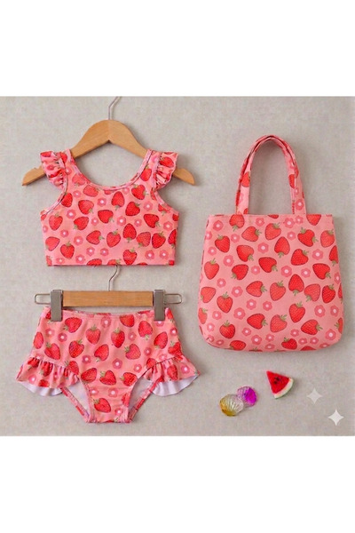 ARBİ kids Kız çocuk çilekli çantalı üç parça mayo bikini takımı çantalı yazlık