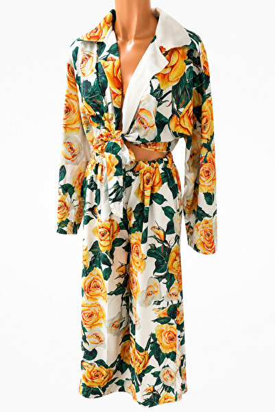 Alta Set Damă 2 Piese Floral cu Trandafiri, Cămașă cu Nod și Pantaloni Largi,...