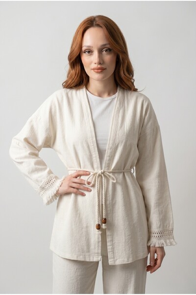 Lunfia Püsküllü Kemerli Keten Kimono - Ekru
