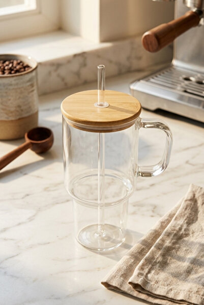 Porsima 4571 Isıya Dayanıklı Borosilikat Cam Pipetli Bambu Kapaklı Bardak 800ml