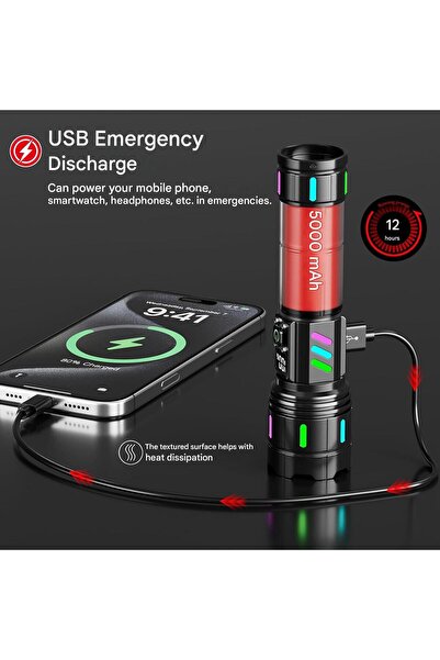 SHADOWHAWK Lanterna LED reincarcabila S1618, 500.000 lumeni, XHP90.2 30W, zoom 1 km, 5 moduri, afisaj LCD baterie, IP67, USB-C, autonomie 12h, corp aluminiu, set cu mini lanterna UV 365 nm, baterie si accesorii