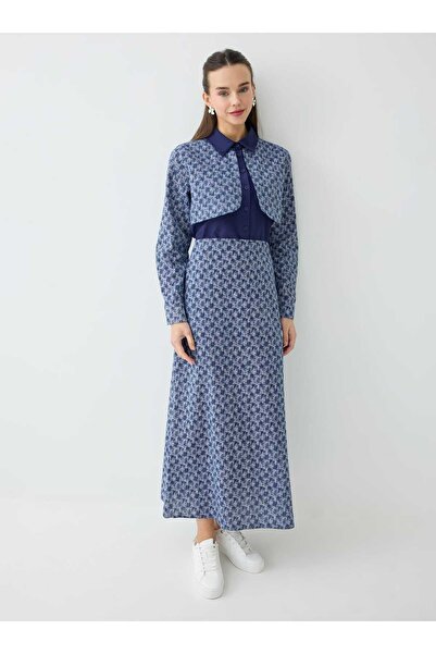 Benin Patterned Shirt & Skirt Set - Navy Blue Patterned -