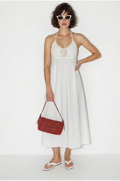 Bianco Lucci Women's Raw Linen Textured Knit Detailed Backless Long Dress 521...