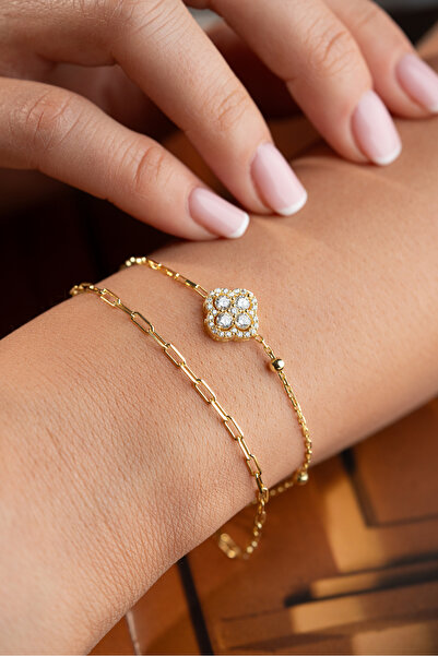 beonejewelry 925 Ayar Gümüş Yonca Taşlı Çiftli Bileklik