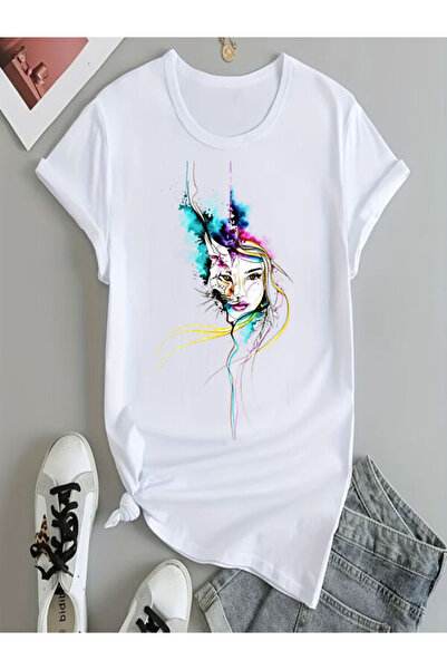COZYWEAR Artistic Face and Tiger Print White T-Shirt