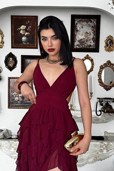 Clothes Fast Asymmetrical Tiered Ruffle Evening Dress - Deep V-Neck Tie Back ...