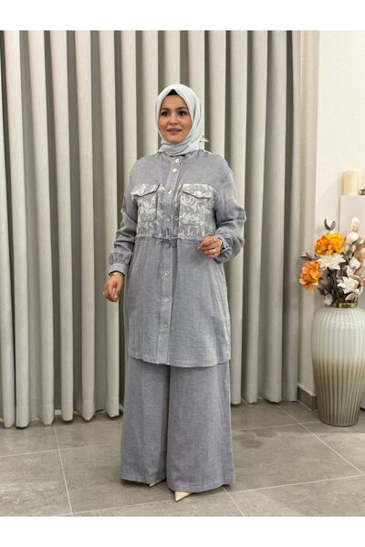 Armine MÜSLİN CEP DESENLİ PANTOLONLU TAKIM İNDİGO