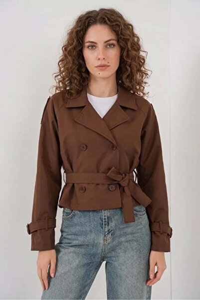 ALFA AKSESUAR 03 Women's Classic Collar Belted Brown Trench Coat