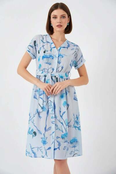 Generic Brand Women's V-Neck Belted Short Sleeve Floral Patterned Viscose Blu...