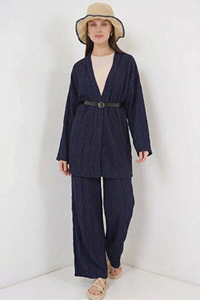 ALFA AKSESUAR 03 Women's V-Neck Belted Navy Blue Two-Piece Set