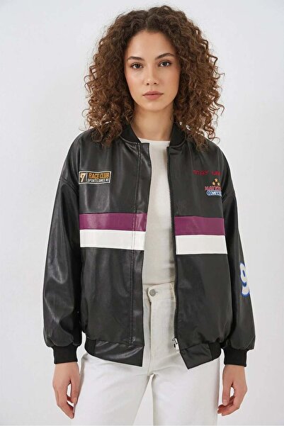 ALFA AKSESUAR 03    0698 Printed Faux Leather Bomber Jacket - Claret Red