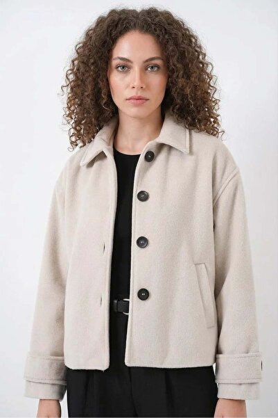 ALFA AKSESUAR 03 Women's Double-Breasted Cotton Ecru Jacket with Pocket Detail