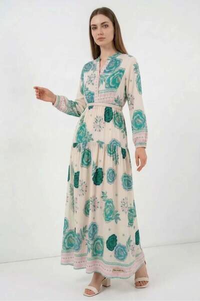 Generic Brand Women's High Collar Belted Floral Patterned Viscose Green Hijab...