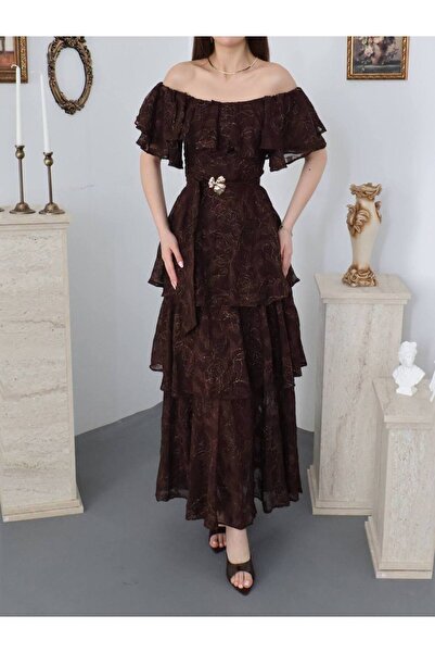 asyadabutik Women's Layered Ruffled Strapless Dress with Waist Belt Detail