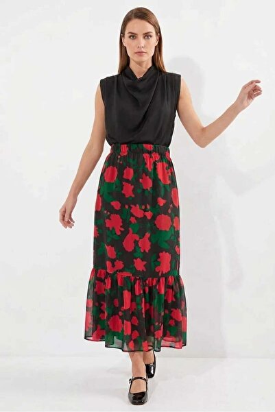 Generic Brand Women's Draped Collar, Flounce Hem, Floral Patterned Chiffon Bl...