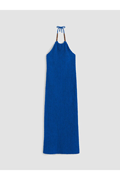 LC Waikiki Blue Beaded Halter Neck Textured Dress