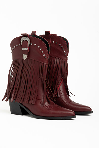 DENORA Burgundy Matte Leather Tasseled Buckle Western Cowboy Boots