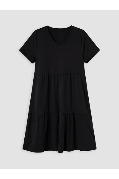 LC Waikiki Black Plus Size V-Neck Layered Dress