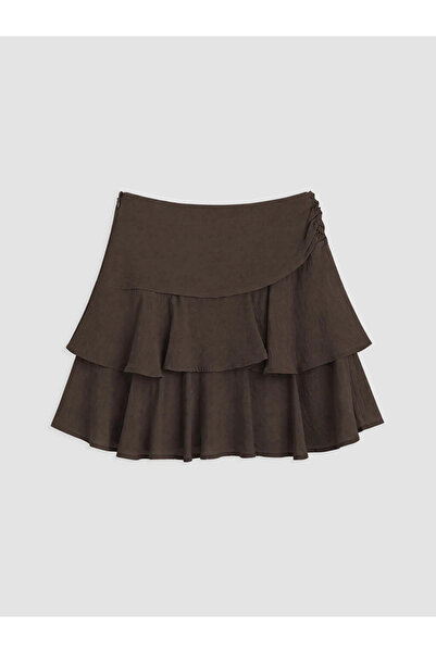 LC Waikiki Brown Zippered Waist Ruffle Layered Short Skirt