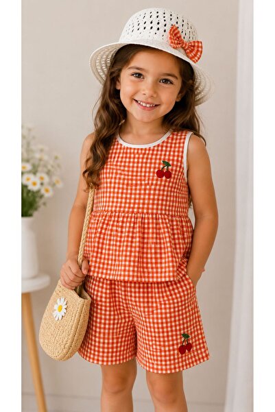 Kuzucuk Kids Bebek Çocuk Butik Kız Çocuk Kiraz Nakışlı Pötikare Şortlu Takım ...