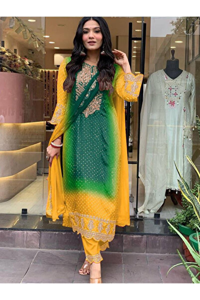 MYSMAR Yellow & Green Chinon Silk Bandhani Kurta Set - FFT8097 | Yellow & Green